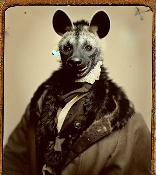 Image similar to professional studio photo portrait of anthro anthropomorphic spotted hyena head animal person fursona smug smiling wearing elaborate pompous royal king robes clothes degraded medium by Louis Daguerre daguerreotype tintype