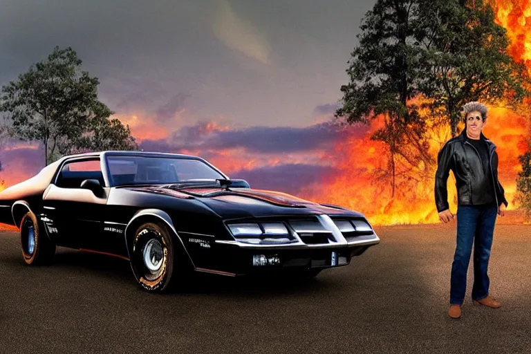 Prompt: david hasselhoff posing as micheal knight wearing biker jacket standing next to pontiac firebird trans - am with black paint, sunrise, eerie light, fireflies, dramatic, cinematic, forest, horror, sunbeams, volumetric lighting, wide shot, low angle, lightning storm hitting the car