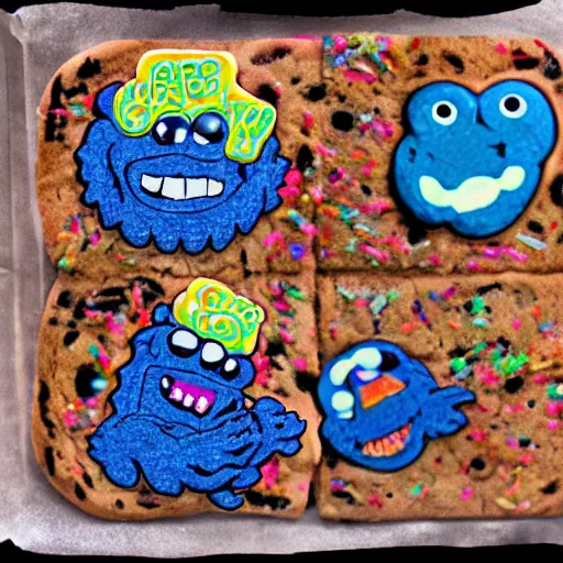 Image similar to psychedelic cookie-monster gangsta-loco, jiving and hanging on the block corner, WORD-UP