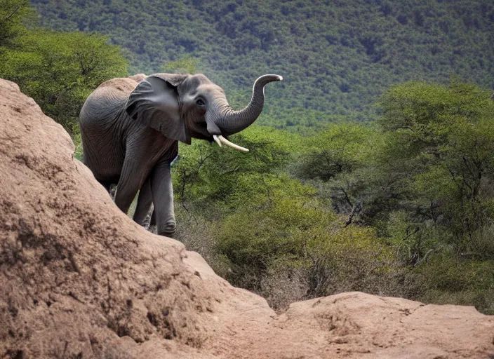 Image similar to dslr photo still of an elephant jumping from a mountain, 4 k, 1 2 0 mm f 1 6