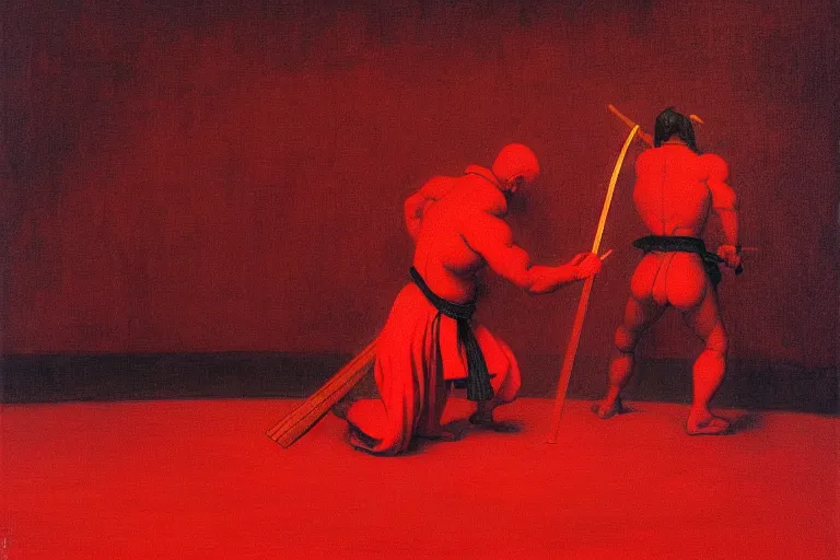 Image similar to only with red, a red samurai do seppuku, tokio, a lot of frogs watch, in the style of beksinski, parts by edward hopper, parts by rodcenko, parts by yue minjun, intricate and epic composition, red by caravaggio, insanely quality, highly detailed, masterpiece, red light, artstation, 4 k