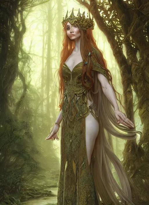 Prompt: medium shot of a fantasy elf female sorceress queen with long hair flowing in an ancient forest filled with magic, highly detailed, digital painting, artstation, smooth, sharp focus, illustration, art by artgerm and greg rutkowski and alphonse mucha, intricate dress, fine