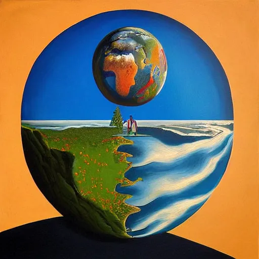 Image similar to the earth in front of a man's face, surrealism, rene magriite, painting