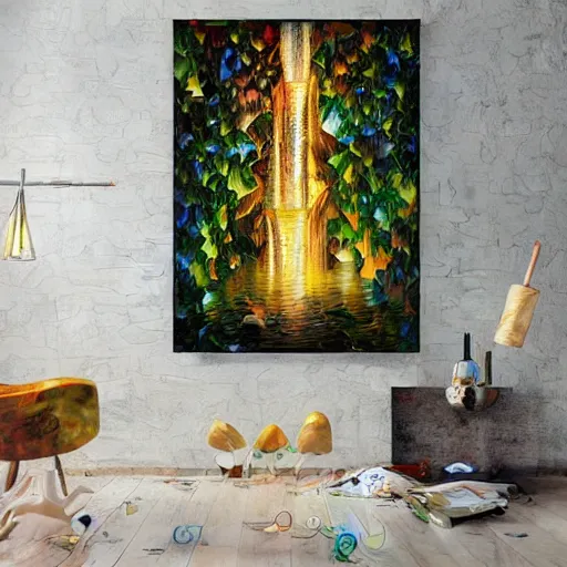 Prompt: overgrowth waterfall mushroom rich 8 k geometric by antoni gaudi, android jones, leonid afremov