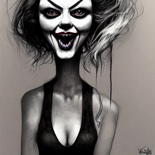 Image similar to surrealism grunge cartoon portrait sketch of margot robbie with a wide smile by - michael karcz, loony toons style, pennywise style, horror theme, detailed, elegant, intricate