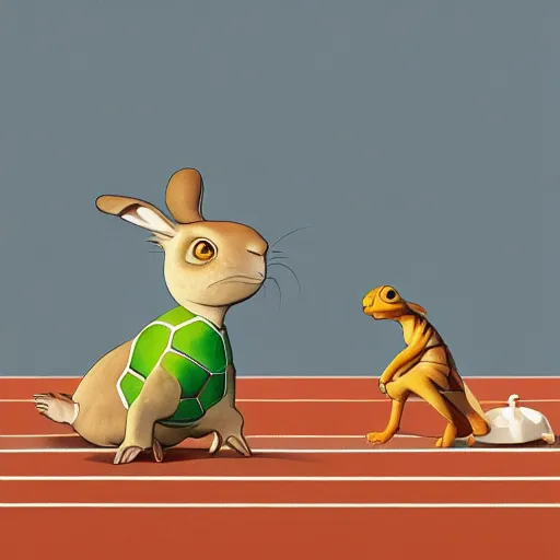 Prompt: goro fujita ilustration of a hare and a tortoise in a race in an olympic stadium, painting by goro fujita, sharp focus, highly detailed, artstation