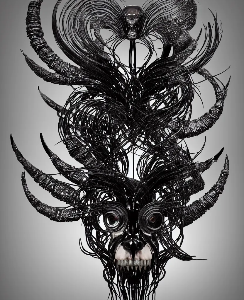 Image similar to goddess princess face close-up portrait ram skull. sculpture made of black and dichroic. jellyfish phoenix head, nautilus, orchid, skull, betta fish, bioluminiscent creatures, intricate artwork by Tooth Wu and wlop and beeple. octane render, trending on artstation, greg rutkowski very coherent symmetrical artwork. cinematic, hyper realism, high detail, octane render, 8k