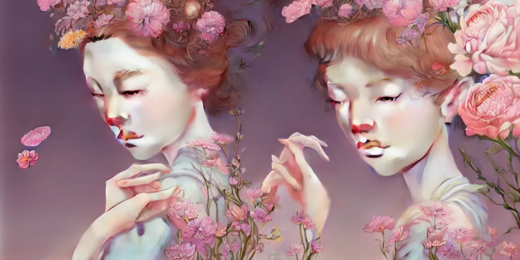 Image similar to breathtaking delicate detailed concept art with flowers and girls, by hsiao - ron cheng, bizarre compositions, exquisite detail, pastel colors, ornate background, 8 k