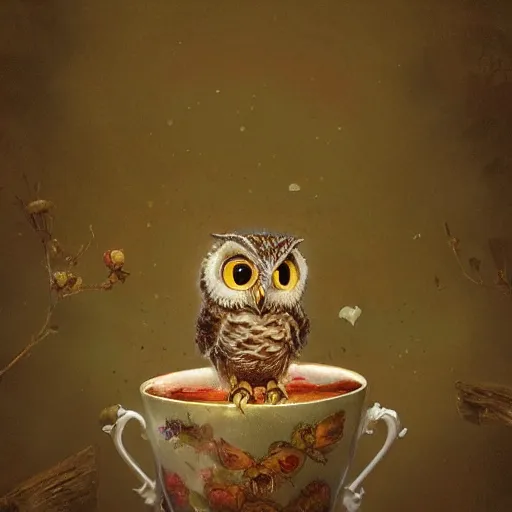 Image similar to long shot of a very cute owl chick nesting in a very romantique cup, by esao andrews, by james jean, marc simonetti, humorous illustration, hyperrealistic, big depth of field, warm colors, night scenery, low light, 3 d octane render, 4 k, conceptart, hyperdetailed, hyperrealistic, trending on artstation