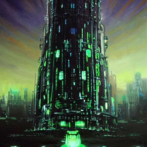 Image similar to an omenous biopunk tower with glowing lights rising in the distance, painting by John Berkley