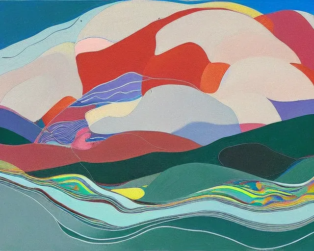 Image similar to A wild, insane, modernist landscape painting. Wild energy patterns rippling in all directions. Curves, organic, zig-zags. Saturated color. Mountains. Clouds. Rushing water. Wayne Thiebaud. Lisa Yuskavage landscape.