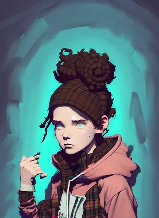 Image similar to highly detailed portrait of a sewer punk young woman, blue eyes, tartan hoody, ringlet hair by atey ghailan, by greg rutkowski, by greg tocchini, by james gilleard, by joe fenton, by kaethe butcher, gradient pink, brown, light blue and white color scheme, grunge aesthetic!!! ( ( graffiti tag wall background ) )