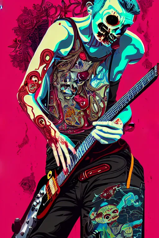 Image similar to zombie punk rocker playing guitar, tristan eaton, victo ngai, artgerm, rhads, ross draws, intricated details, 3 / 4 view, full body portrait