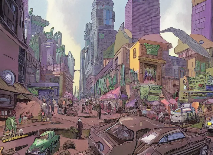 Image similar to close up view of a bustling city street on an alien planet by jeff darrow, earth and pastel colors, dramatic perspective