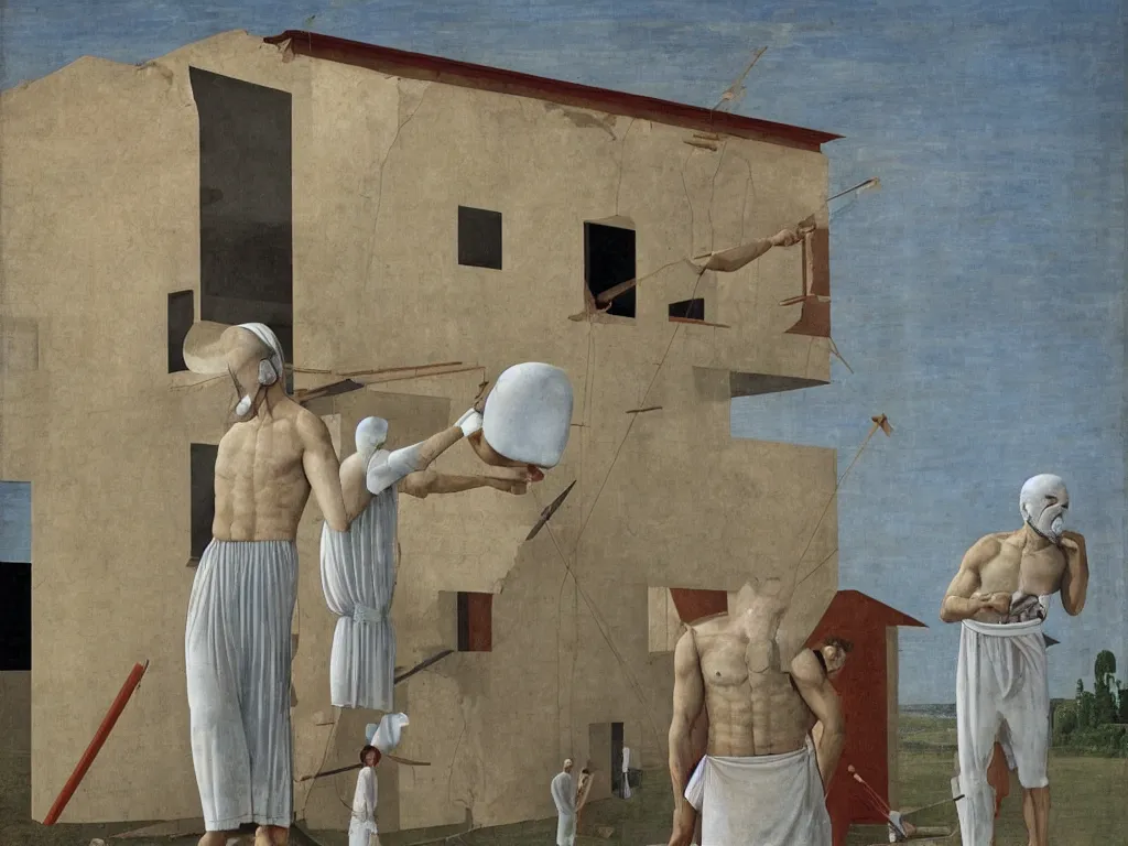 Image similar to House under renovation. The worker is muscular and has one eye with a red pupil in the middle of his face, like a cyclops. Painting by Alex Colville, Piero della Francesca.