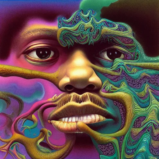 Image similar to colour masterpiece surreal closeup portrait photography of jimi hendrix by miho hirano and annie leibovitz and michael cheval, weird surreal epic psychedelic complex biomorphic 3 d fractal landscape in background by kilian eng and roger dean and salvador dali and beksinski, 8 k