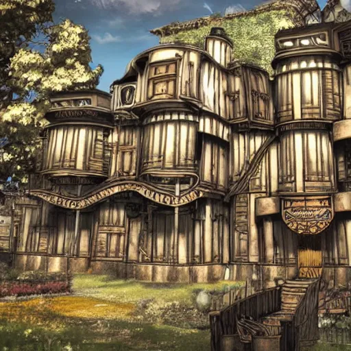 Prompt: steampunk house style of hideo miyazaki