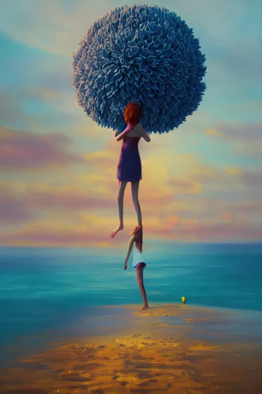 Prompt: closeup huge dahlia flower head, girl standing on beach, surreal photography, blue sky, sunrise, dramatic light, impressionist painting, digital painting, artstation, simon stalenhag