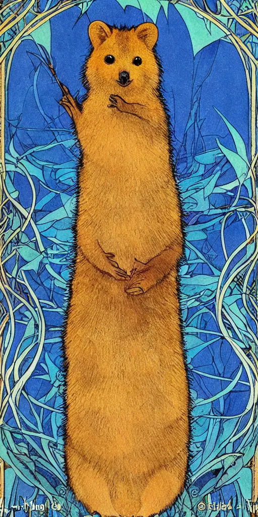 Image similar to a quokka in the style of mucha