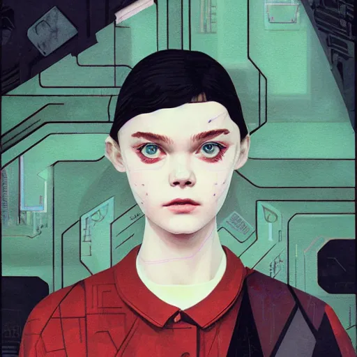 Prompt: Elle Fanning in System Shock picture by Sachin Teng, asymmetrical, dark vibes, Realistic Painting , Organic painting, Matte Painting, geometric shapes, hard edges, graffiti, street art:2 by Sachin Teng:4