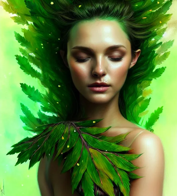 Prompt: beautiful female tree with bark skin wearing green leaf halter top, perfect face, dark green leaf hair, with abs, cinematic, blush, stunning, elegant, highly detailed, psychedelic, digital painting, artstation, smooth, hard focus, illustration, art by jessica rossier and and brian froud