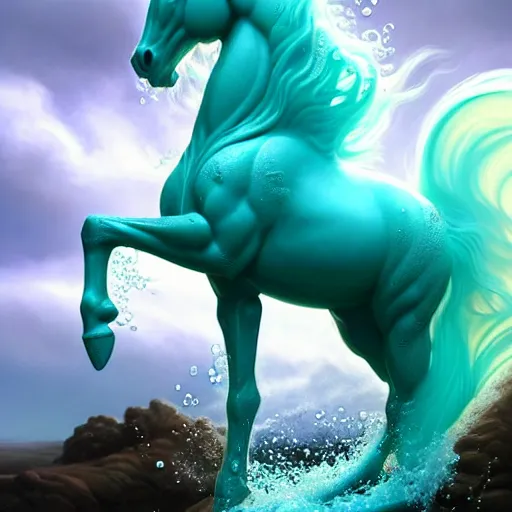 Image similar to a fantastical transparent small turquoise spirit horse made of water and foam and algae, splashing water, wave, translucent, ethereal, noble, radiant, hyperalism, scottish folklore, digital painting, artstation, concept art, smooth, 8 k frostbite 3 engine, ultra detailed, art by artgerm and greg rutkowski and magali villeneuve