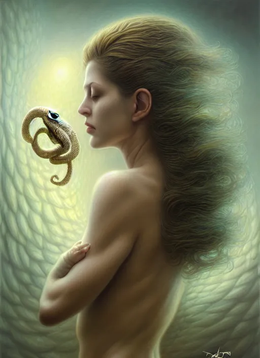 Prompt: snake eating an angel, fine art, intricate, elegant, highly detailed, realistic hair, centered, digital painting, art station, conceptual art, soft, sharp focus, illustration, artwork, artgerm, tomasz alen kopera, peter mohrbacher, donato giancola, wlop, boris vallejo