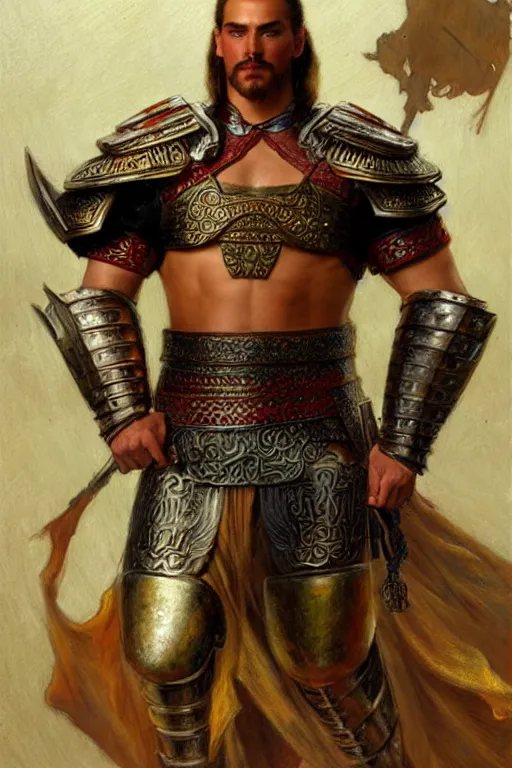 Image similar to attractive beefy male with armor, cloisonnism, ancient china, three kingdoms, character design, painting by gaston bussiere, craig mullins, j. c. leyendecker, tom of finland