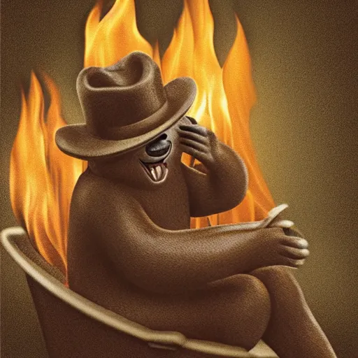 Image similar to candid photo of Smokey The Bear in the bathroom sitting on a porcelain throne, playing with fire, by Annie leibowitz, photorealisitc, extremely detailed