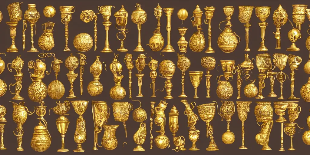 Image similar to magic, cups and balls, gold, ornate, detailed, realistic