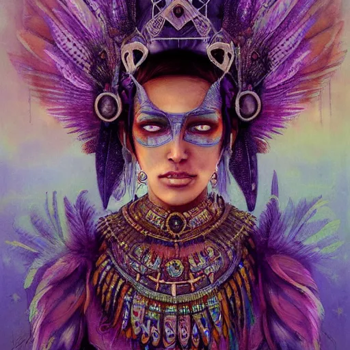 Prompt: Shamancore a demonic Mayan Priestess Robotic whilst wearing Crown Of Feathers lawyer Karen Balsamund portrait portrait Face eyes Wearing Snickerdoodles on her Calves in July Intaglio Brushstrokes by tom bagshaw Anato Finnstark Ismail Inceoglu Vibrant Shades of Ultraviolet and Infrared