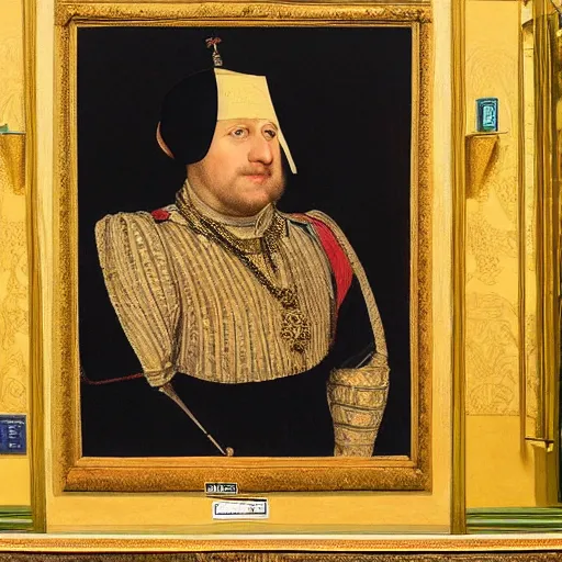 Image similar to Painting of the Ruler of the British Raj, the King Boris Johnson, painted by Hans Holbein, intricate, hyper-detailed, exhibited at the British Museum