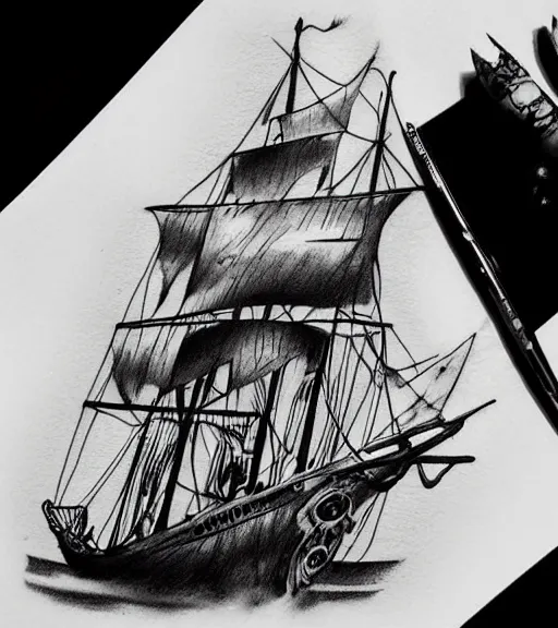 Image similar to A realistic tattoo design sketch of a pirate ship, paper background, black and white tattoo, highly detailed tattoo, shaded tattoo, hyper-realistic tattoo