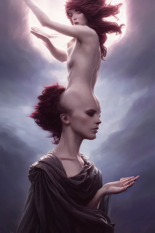 Image similar to seductive looking sorceress prays!!! magic the gathering, windy hair!, surreal dark fantasy, cinematic volumetric lights, portrait, dnd, intricate, elegant, highly detailed, digital painting, artstation, concept art, smooth, sharp focus, illustration, art by artgerm and tom bagshaw and greg rutkowski and alphonse mucha