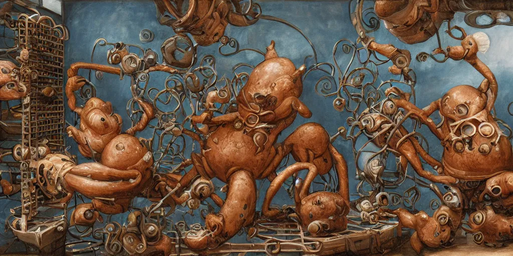 Image similar to portly spider - piglet creatures using an abacus in a biomechanical space station interior, bucolic, rococo, baroque, american realist, sublime, comforting, warm light, burnt sienna, cerulean blue, figurative painting, grisaille