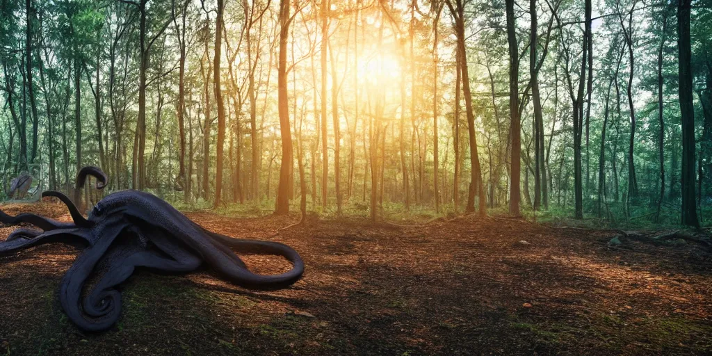 Image similar to a giant black octopus in the middle of a forest, winding around trees, beautiful ambient light, sun rays hitting the slightly transparent creature, 8k photography