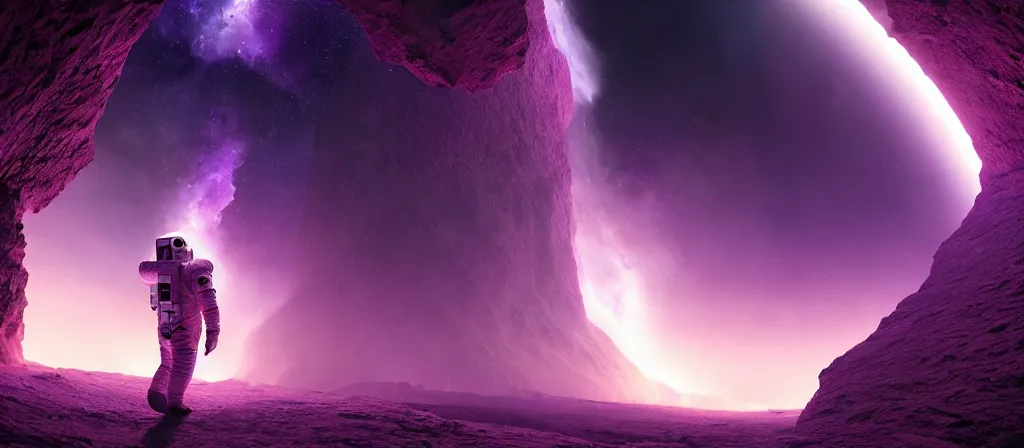 Prompt: astronaut on purple [ [ [ crystal ] ] ] caves, amethyst, beautiful dynamic lighting, nebula sky, cinematic, wide angle establishing shot, extremely high detail, photo realistic, cinematic lighting, matte painting, interstellar, greg rutkowski, roger deakins