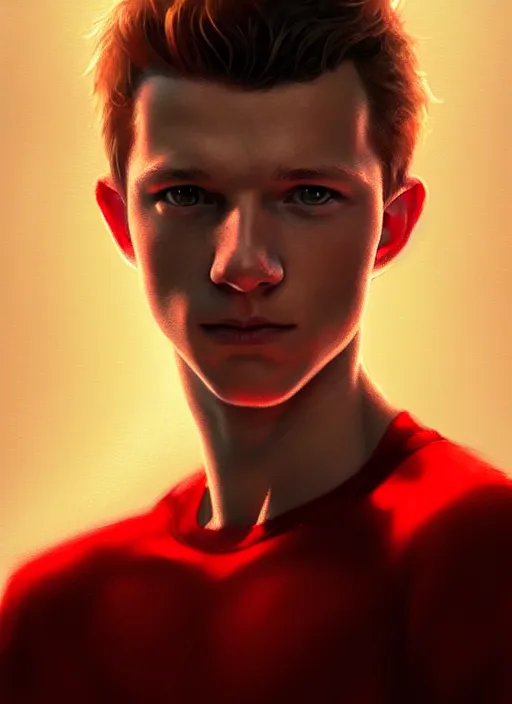 Image similar to portrait of tom holland with hazel eyes, hazel colored eyes, red shirt, intricate, elegant, glowing lights, highly detailed, digital painting, artstation, concept art, smooth, sharp focus, illustration, art by wlop, mars ravelo and greg rutkowski