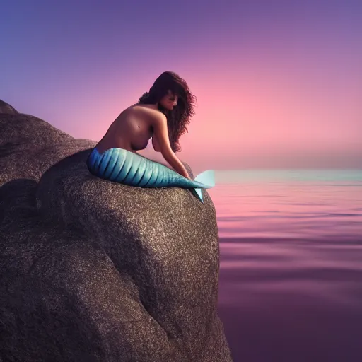 Image similar to a beautiful photograph of a mermaid sits on a rock and stares at the island, sunset lighting, rim light, hyper realistic, 1 0 5 mm, cinematic frame