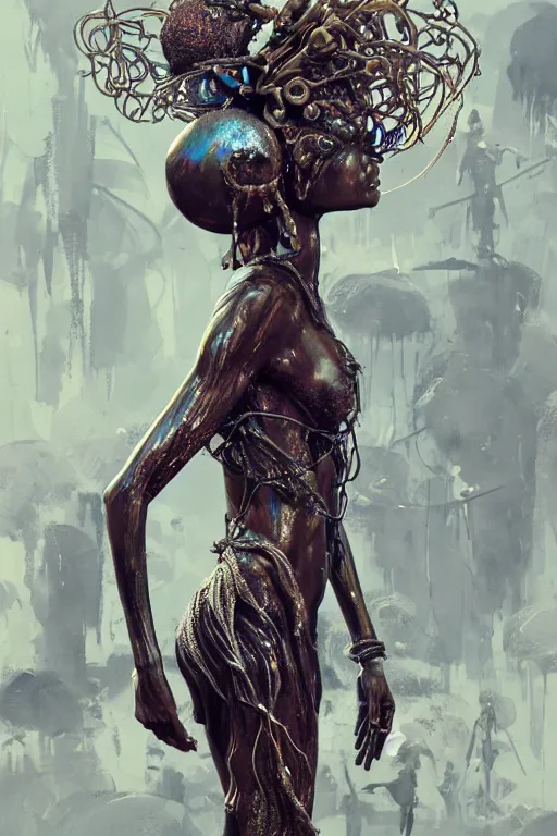 Prompt: epic 3 d oxaguian, african deity, liquid hands and feet spinning, 2 0 mm, with white and silver swords melting smoothly into asymmetrical cables and technology, liquid, delicate, intricate, houdini sidefx, trending on artstation, by jeremy mann and ilya kuvshinov, jamie hewlett and ayami kojima