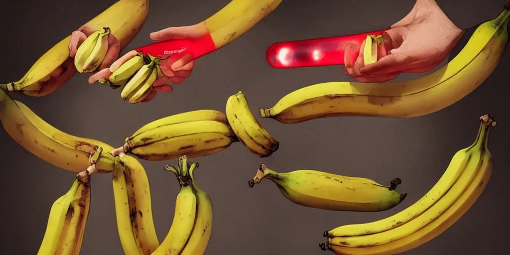 Image similar to two hands, each holding two bananas, each touching a banana on top, then touching a banana on bottom. each banana has a yellow light on top. the bananas are yellow, and there is a red light as the color of bananas, fantasy art, artstation, trending, ultra detailed, emotional