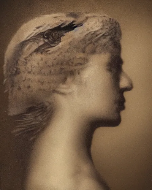 Image similar to a woman's face in profile, made of owl feathers, in the style of the dutch masters and gregory crewdson, dark and moody