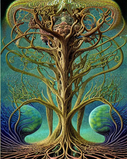 Image similar to tree of life by roger dean and andrew ferez, art forms of nature by ernst haeckel, divine chaos engine, symbolist, visionary, art nouveau, botanical fractal structures, organic, detailed, realistic, surreality