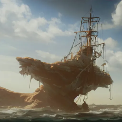 Image similar to pirateship with wings in the sky by H.P. Lovecraft, abaddon and magali villeneuve, ghibli moebius, 8k, epic scene, scifi, unreal engine, trending on cg station. masterpiece.