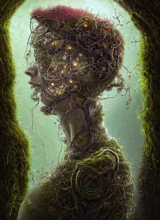 Prompt: Portrait of an Ancient Robot with a tree growing out of her head, patches of moss, translucent leaves, extremly detailed digital painting, in the style of Tomasz Alen Kopera and Fenghua Zhong and Peter Mohrbacher, mystical colors, rim light, beautiful lighting, 8k, stunning scene, raytracing, octane, trending on artstation