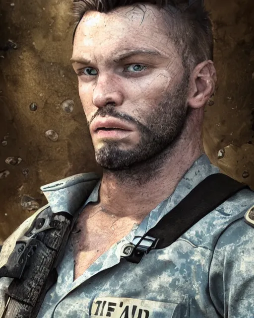 Image similar to portrait of muscular, tired and alcoholic 3 0 - year - old handsome man with short darkblonde hair, serious sad look in his eyes, dirty beard, blue eyes, wearing dirty soldier uniform, on the desert, hyper realistic face, beautiful eyes, character art, art by mark brooks, hyperdetailed, cryengine, trending on artstation, digital art