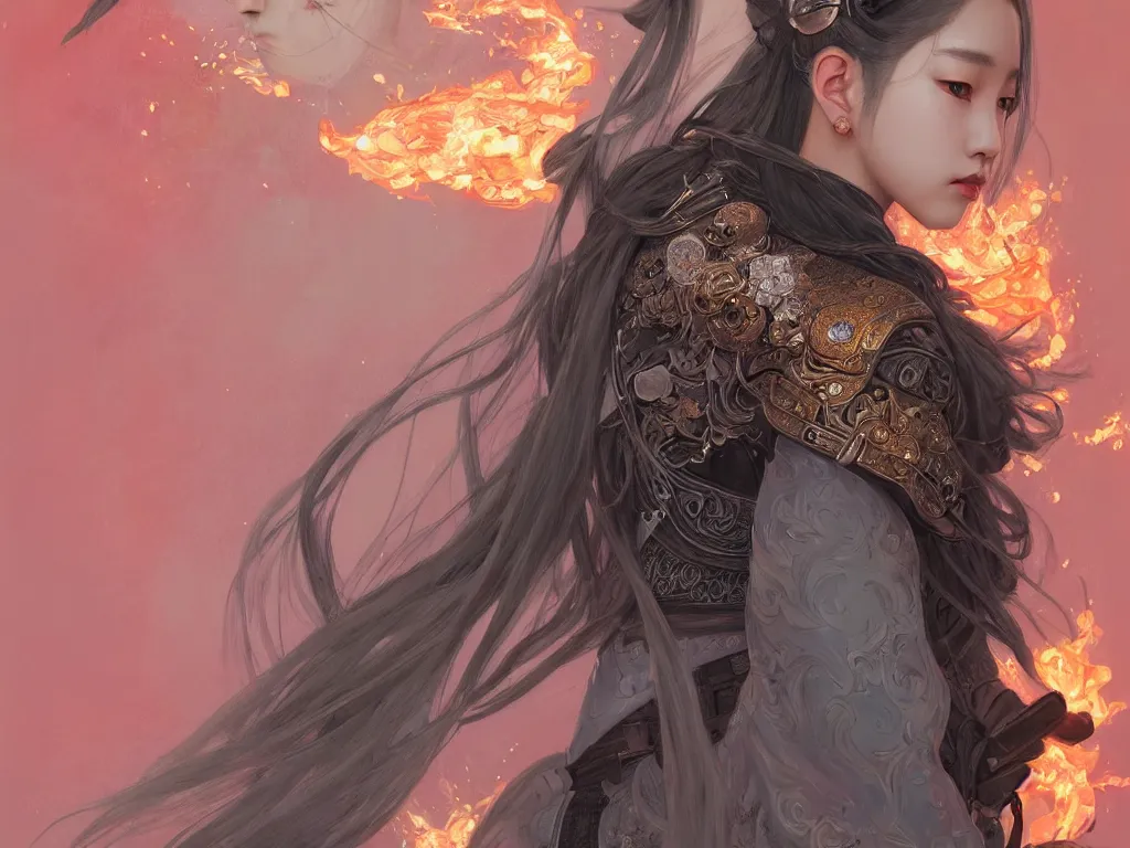 Image similar to portrait jisoo blackpink, grey hair armored samurai clothes, in fire japanese temple wet night, ssci - fi and fantasy, intricate and very very beautiful and elegant, digital painting, artstation, concept art, smooth and sharp focus, illustration, art by tian zi and wlop and alphonse mucha