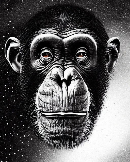 Image similar to very detailed high resolution illustration portrait of a chimpanzee head floating in space, backlit, night covered in stars, 3 d, 8 k, extremely detailed, artstation, furaffinity award winning, sharp focus, illustration, intimidating lighting