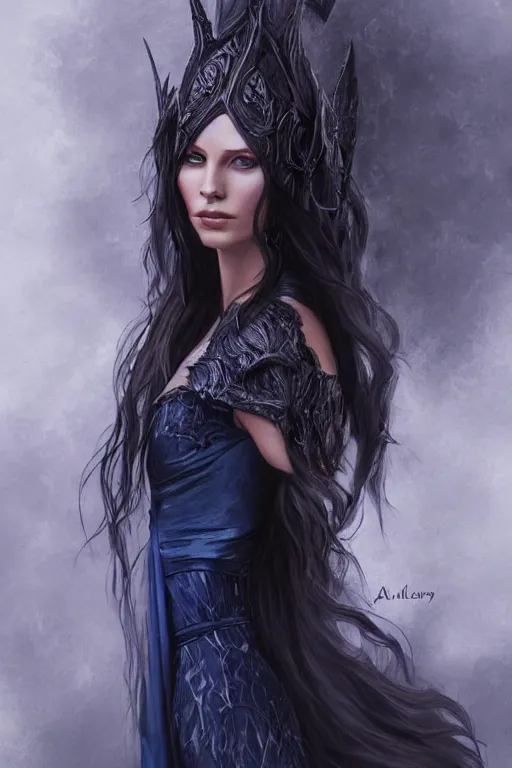 Image similar to portrait, headshot, digital painting, of elven warrior Arwen, beautiful, tall, long dark hair, dark blue satin dress, realistic, hyperdetailed, chiaroscuro, concept art, art by allan Ramsay