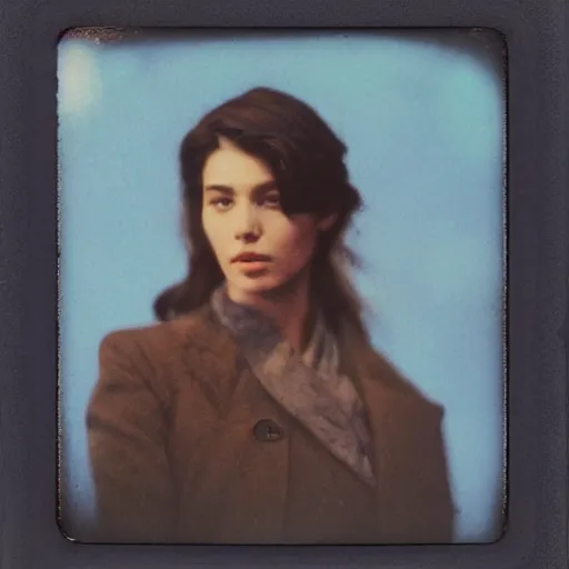 Prompt: fallout 5 vintage polaroid analog photo of a beautiful female brunette protagonist, warm azure tones, heavy lensflare, color bleed, film grain, depth of field, jules bastien - lepage, rudolph belarski, johfra bosschart, alexandre cabanel